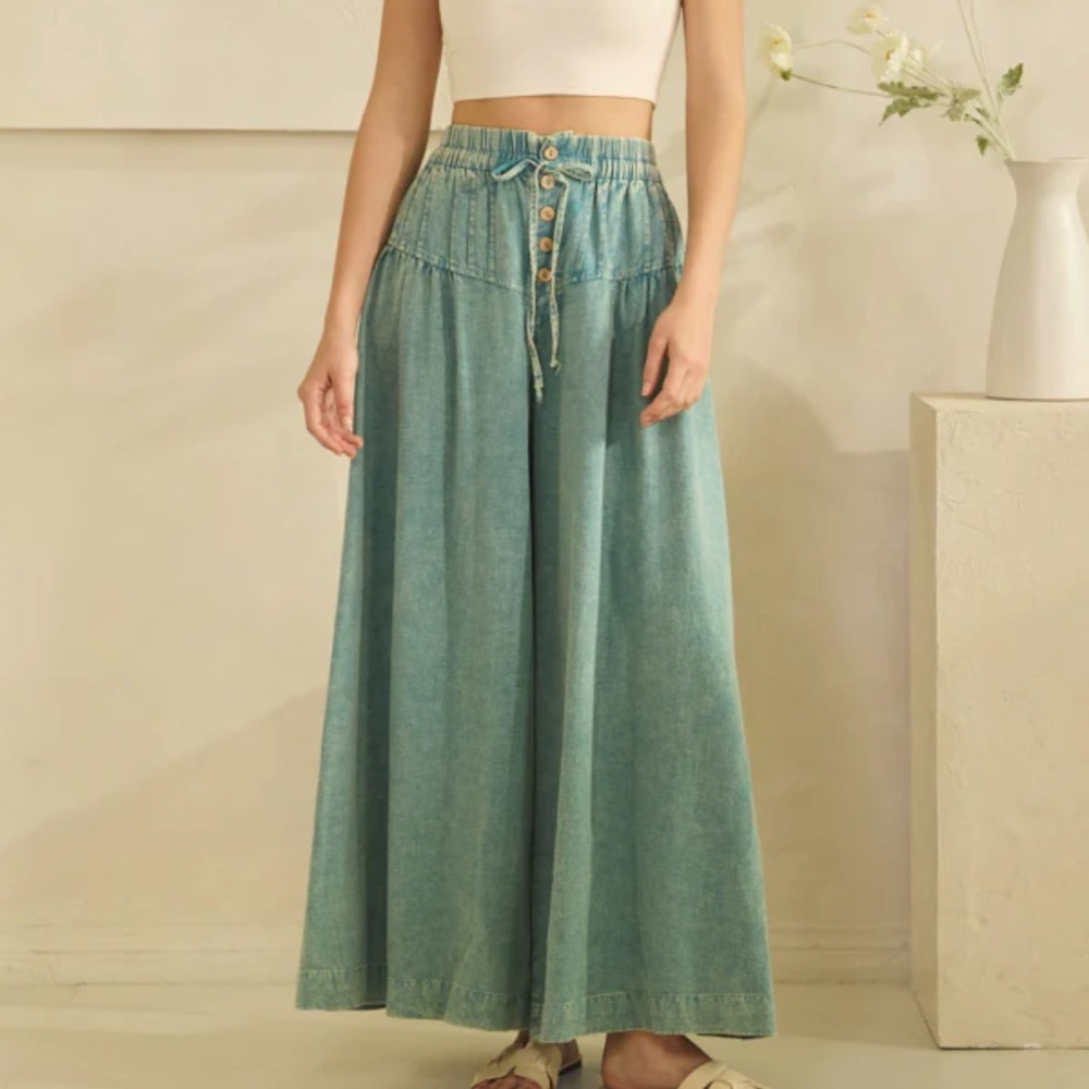 🌺Clearance! Last One! Oli & Hali Women's Linen Teal Wide-Leg Pants - Picture 2 of 6